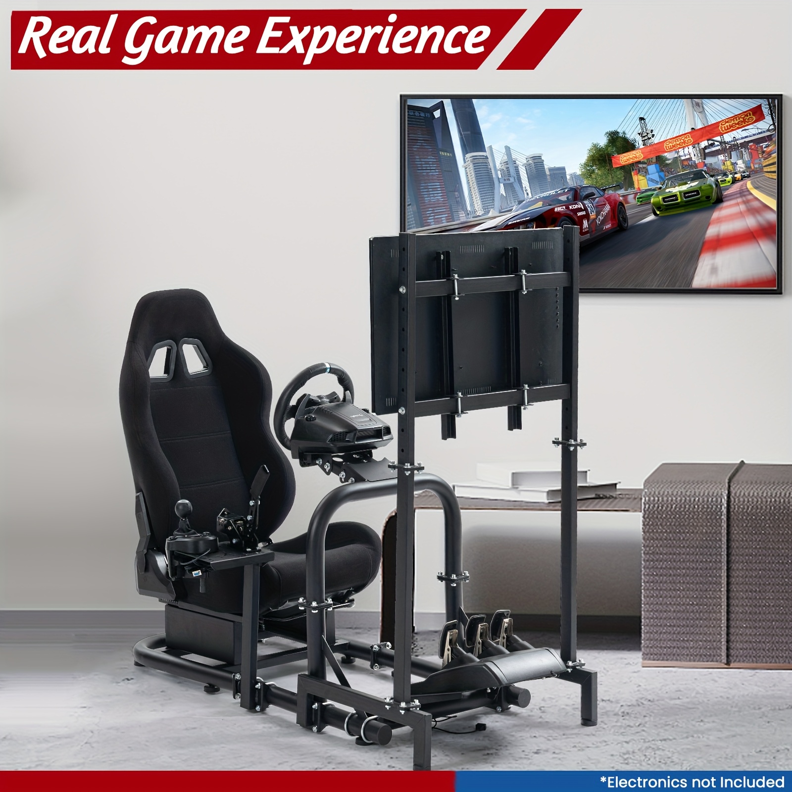 Adjustable Racing Simulator Cockpit with Black Seat and TV Stand
